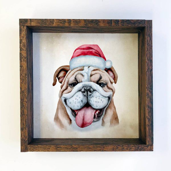 Bulldog in Santa Hat Christmas Small Canvas Sign