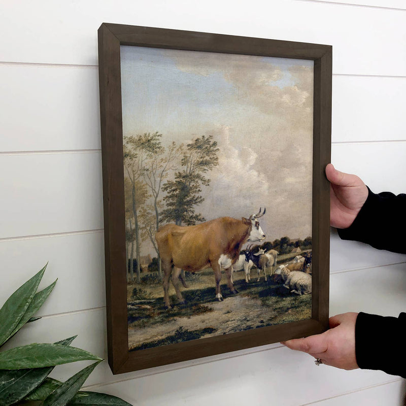 Bull in Pasture - Ranch House Canvas Art - Wood Framed Decor