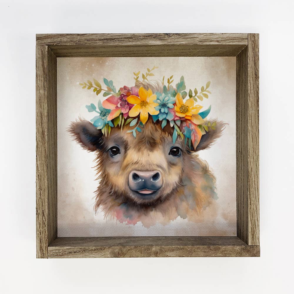 Cute Baby Bison - Bison Watercolor with rustic wood frame