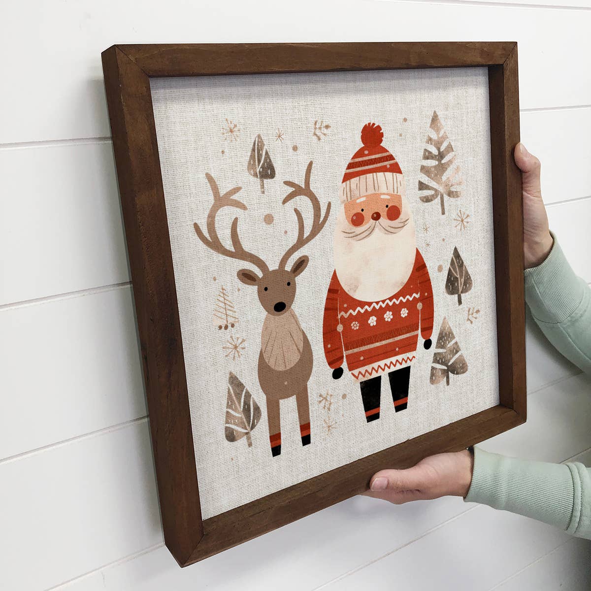 Scandinavian Santa and Reindeer - Cute Holiday Canvas Art