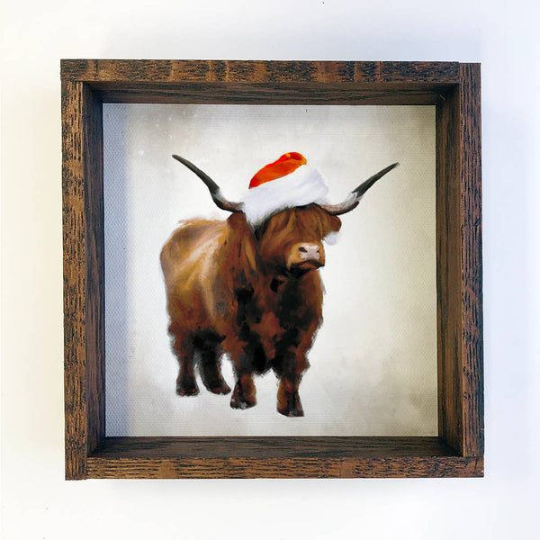 Christmas Scottish Highland Cow Picture Sign with Wood Frame