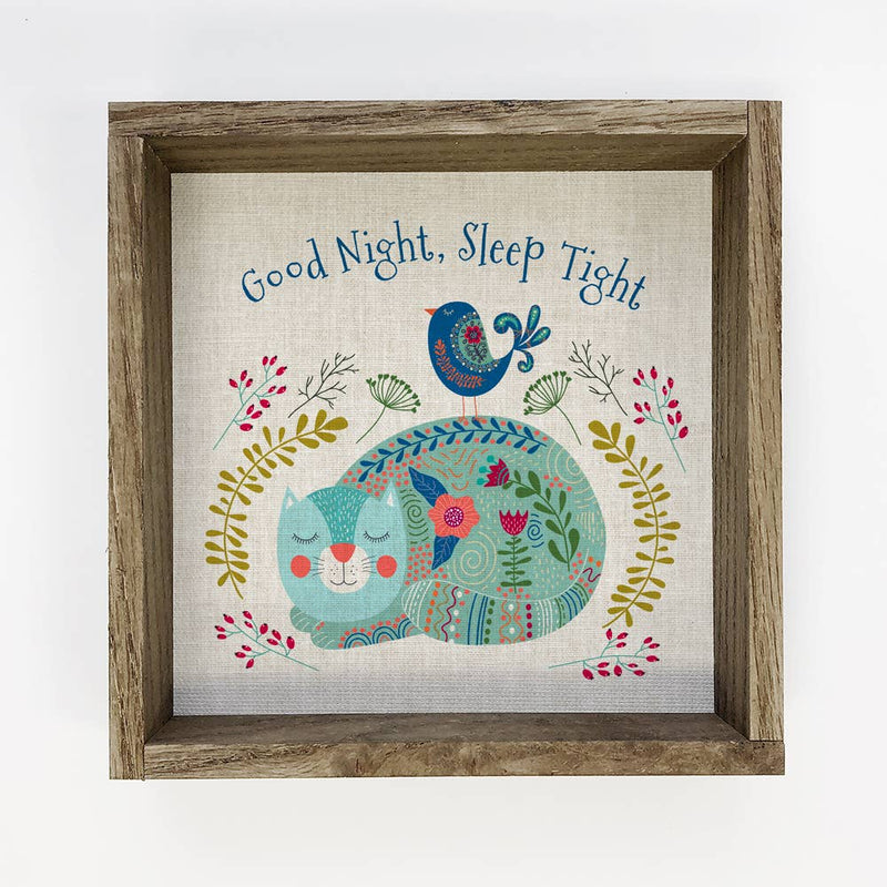 Folk Cat Good Night Sleep Tight Wall Art - Animal Folk Art