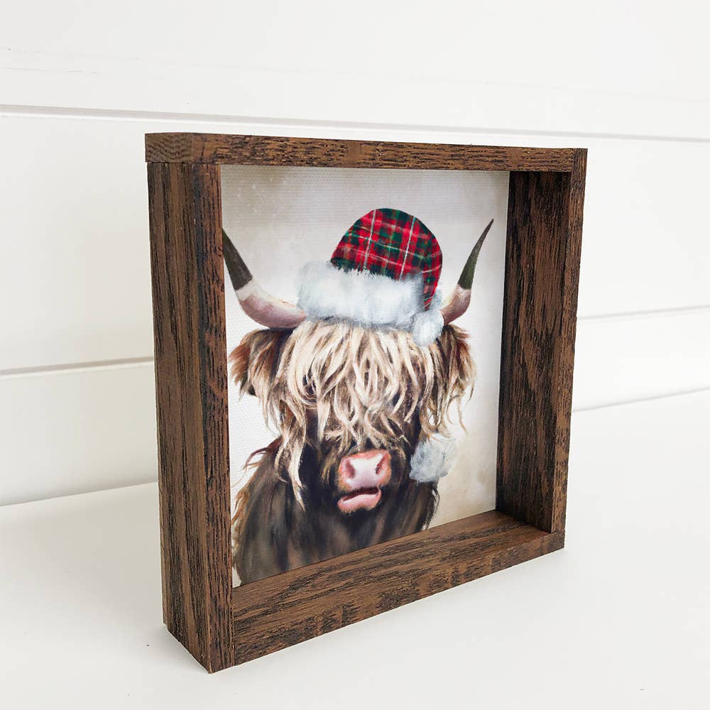 Christmas Sign- Highland Cow Plaid Santa Hat- Christmas SIgn