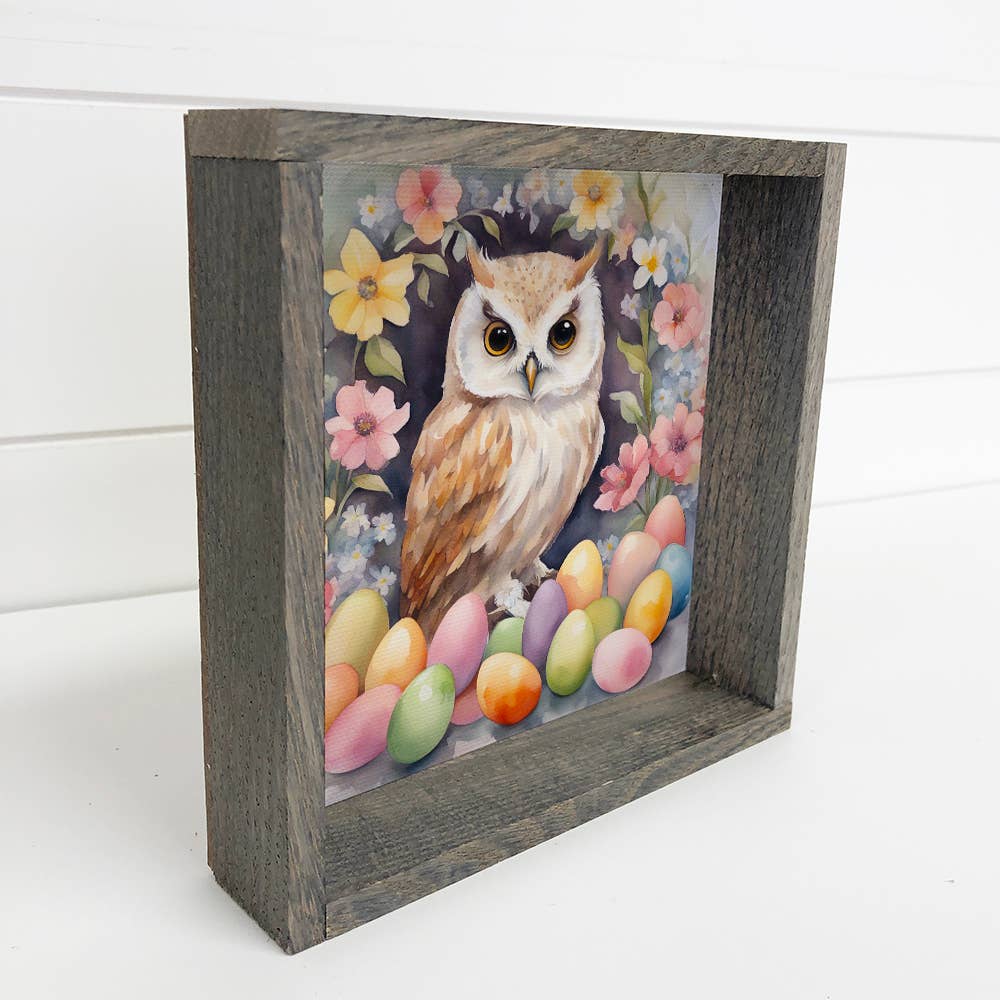 Easter Eggs Owl - Springtime Owl Canvas Art - Wood Framed