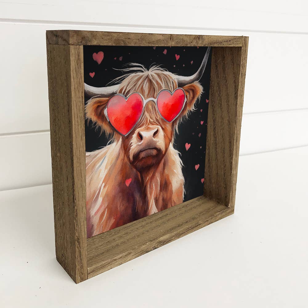 Highland Cow Heart Sunglasses - Cute Cow Canvas Art - Framed
