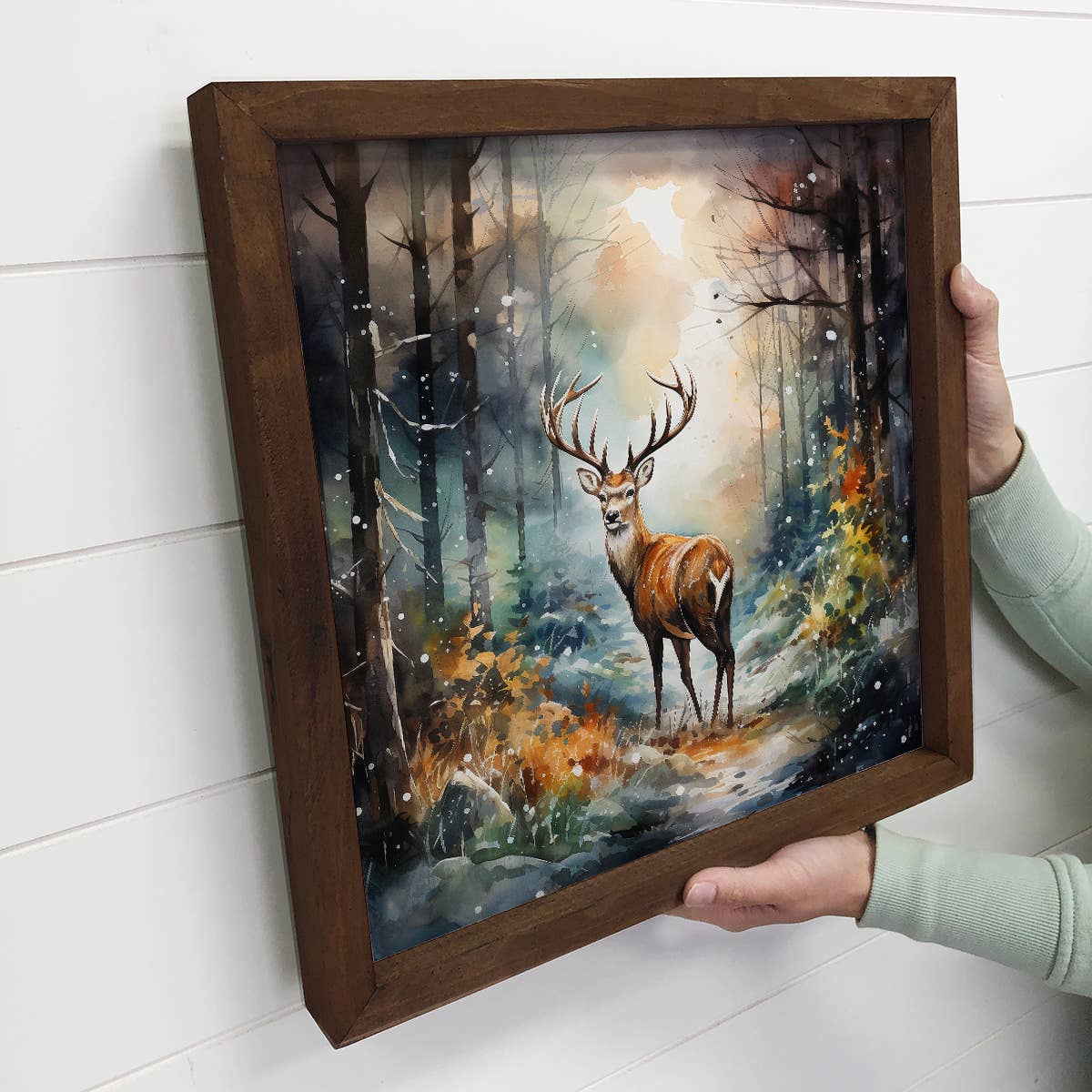 Winter Watercolor Deer Forest - Deer Canvas Art - Wood Frame