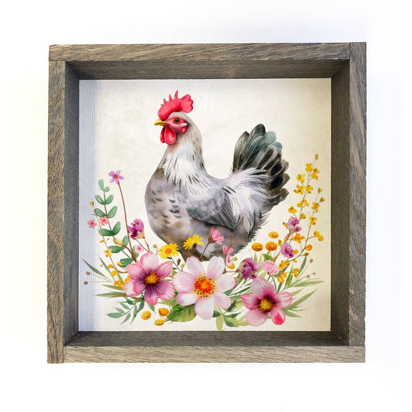 Spring Chicken Meadow Flowers - Framed Chicken Canvas Art