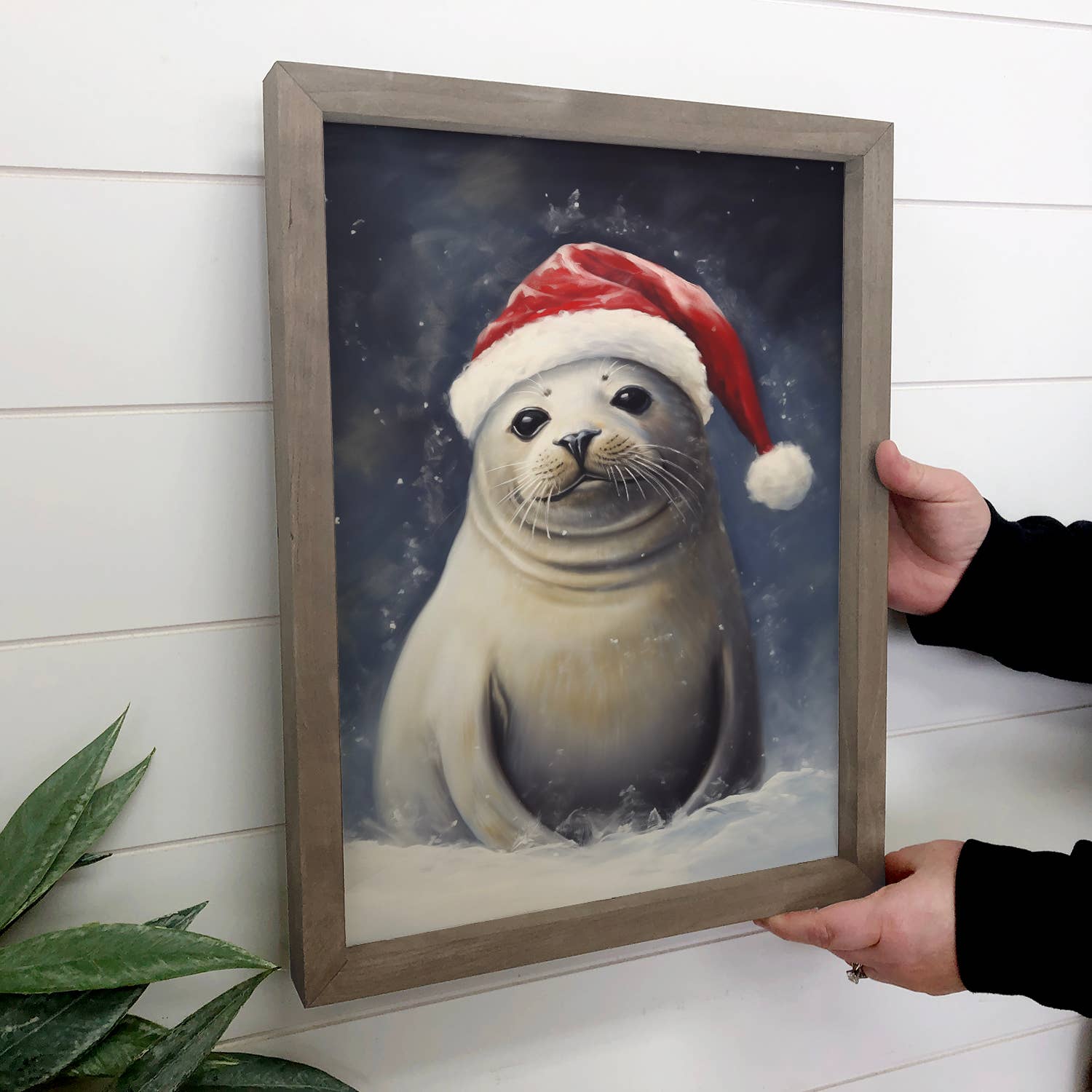 Christmas Seal Pup - Animal Christmas Canvas Art - Framed