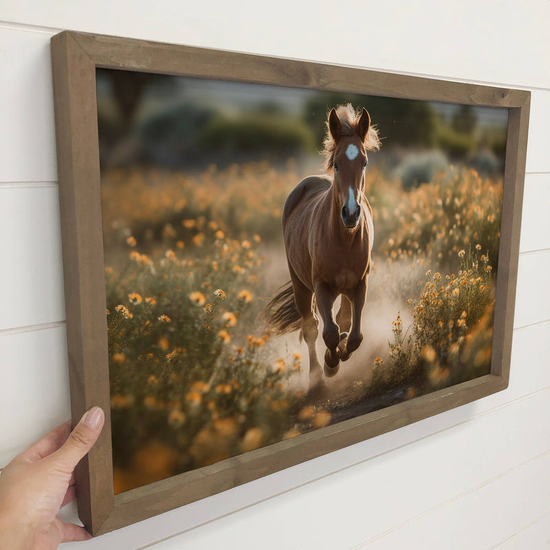 Horse Galloping in Wildflowers Farmhouse Wood Wall Art