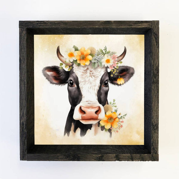 Black White Cow and Yellow Flowers - Animal Spring Time Art