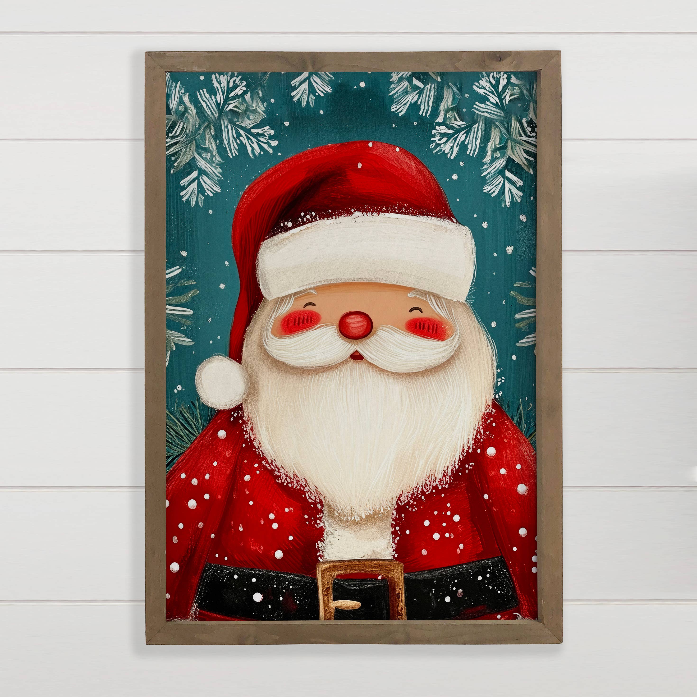 Cute Folksy Santa - Christmas Canvas Art - Wood Framed Art
