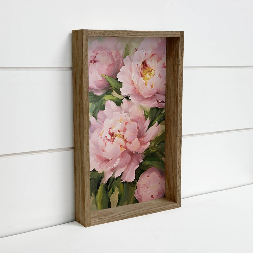 Pink Blooming Peonies - Flower Canvas Art - Wood Framed Art