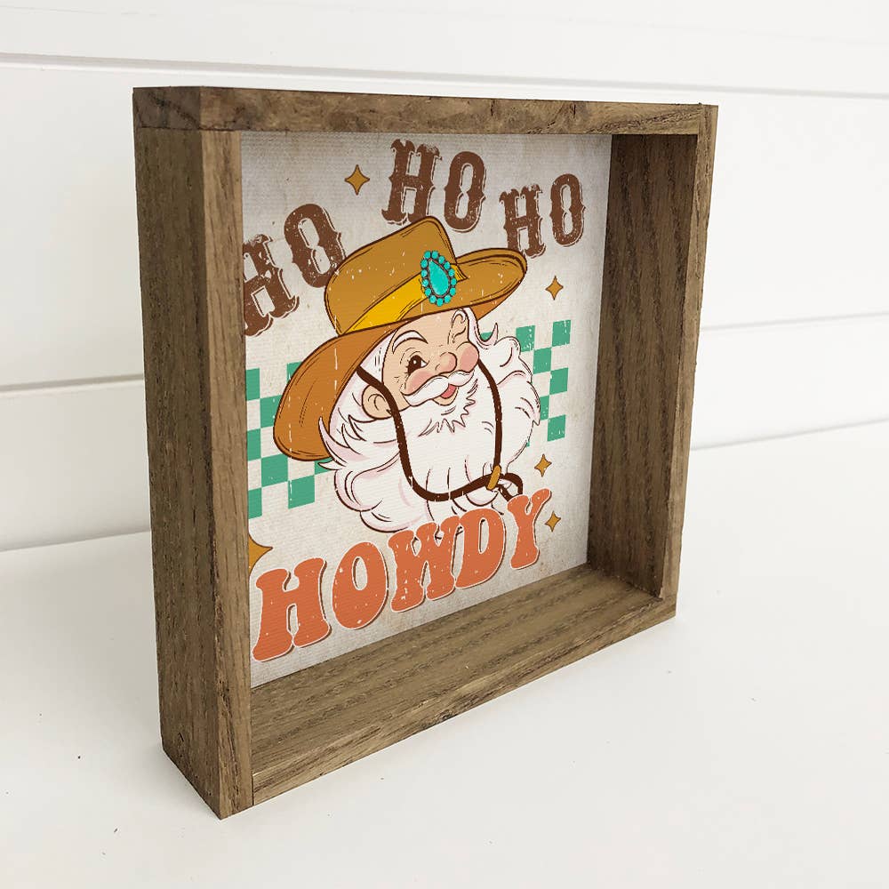 Howdy Cowboy Santa - Framed Holiday Sign - Retro Holiday Art