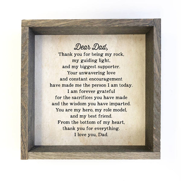 Dear Dad - Fathers Day Gift - Letter to Dad with Frame