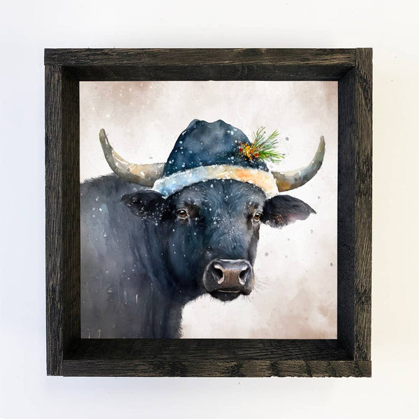 Black Cow Santa - Framed Animal Art - Farmhouse Holiday Art
