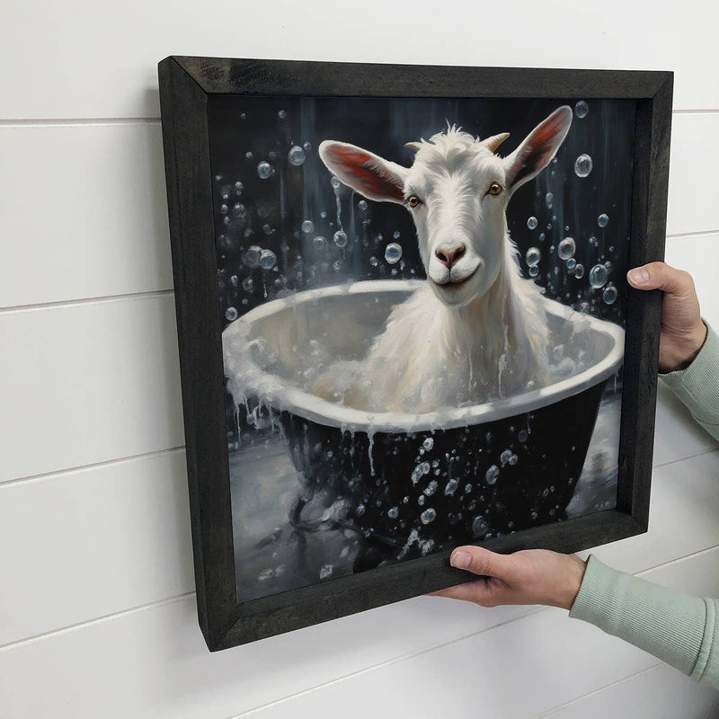 Goat In a Bubble Bath - Cute Wood Framed Art - Animals Decor