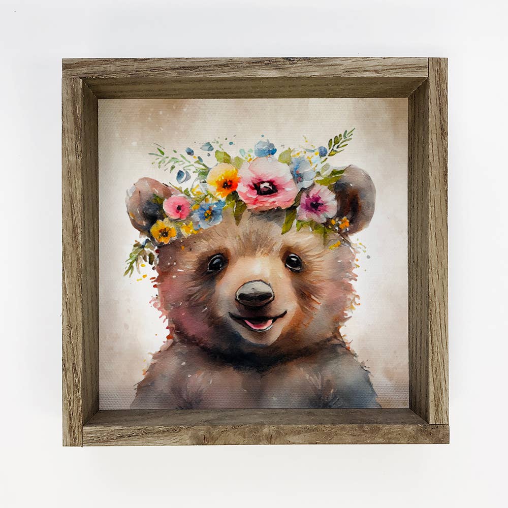 Cute Flower Bear - Bear -Nursery Art with Rustic Wood Frame