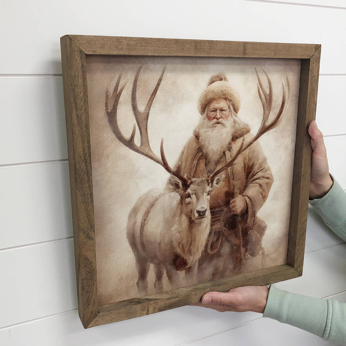 Vintage Santa & Reindeer - Rustic Holiday Canvas Art