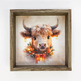 Highland Cow Christmas Lights - Animal Holiday Canvas Art