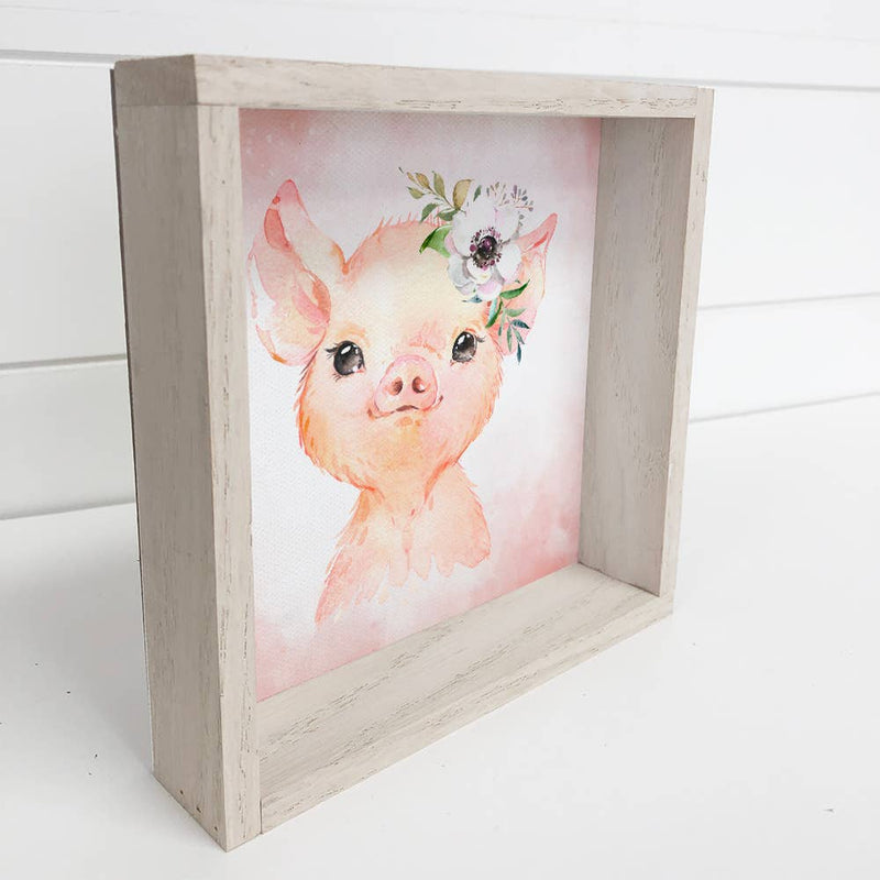 Baby Girl Pig Watercolor Small Whitewash Framed Decor