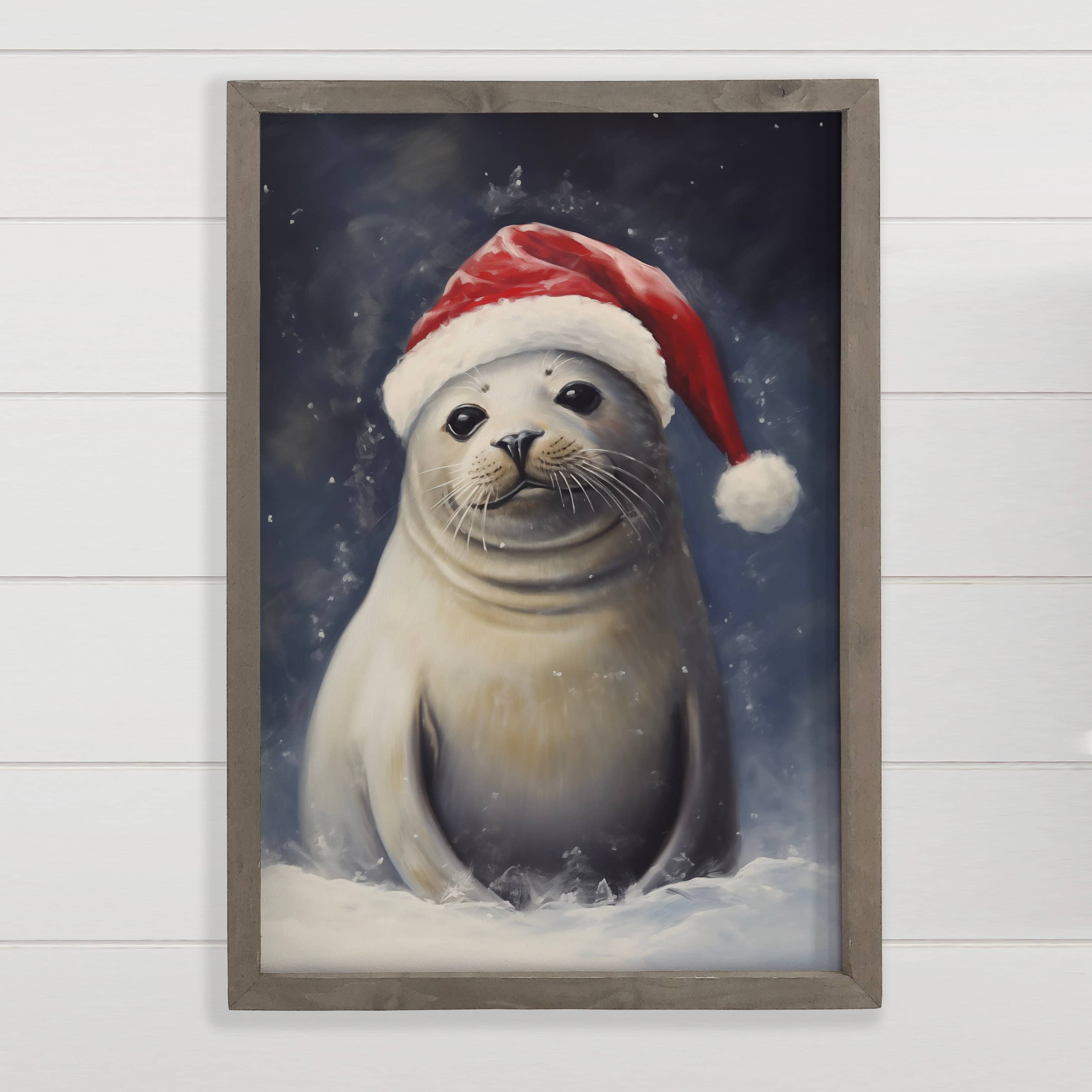 Christmas Seal Pup - Animal Christmas Canvas Art - Framed