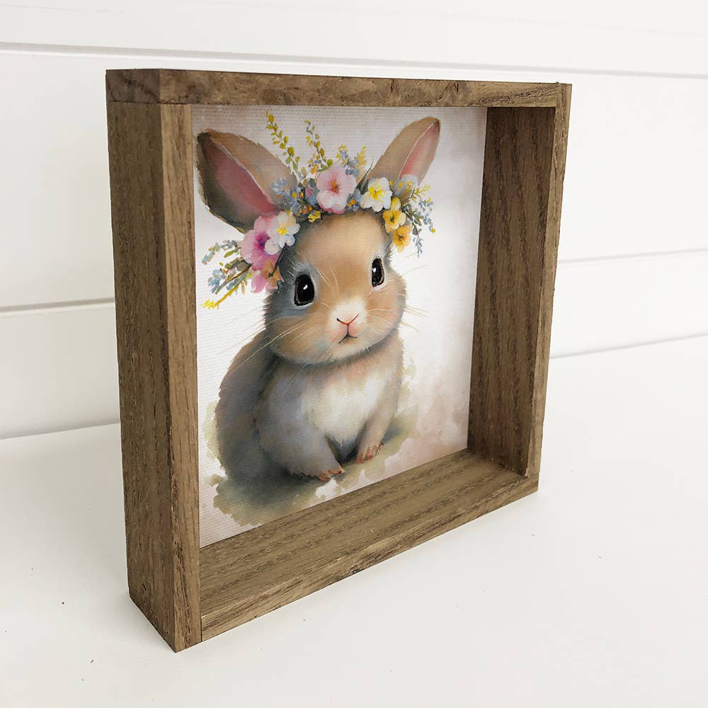 Cute Flower Rabbit - Nursery Wall Art with Rustic Wood Frame