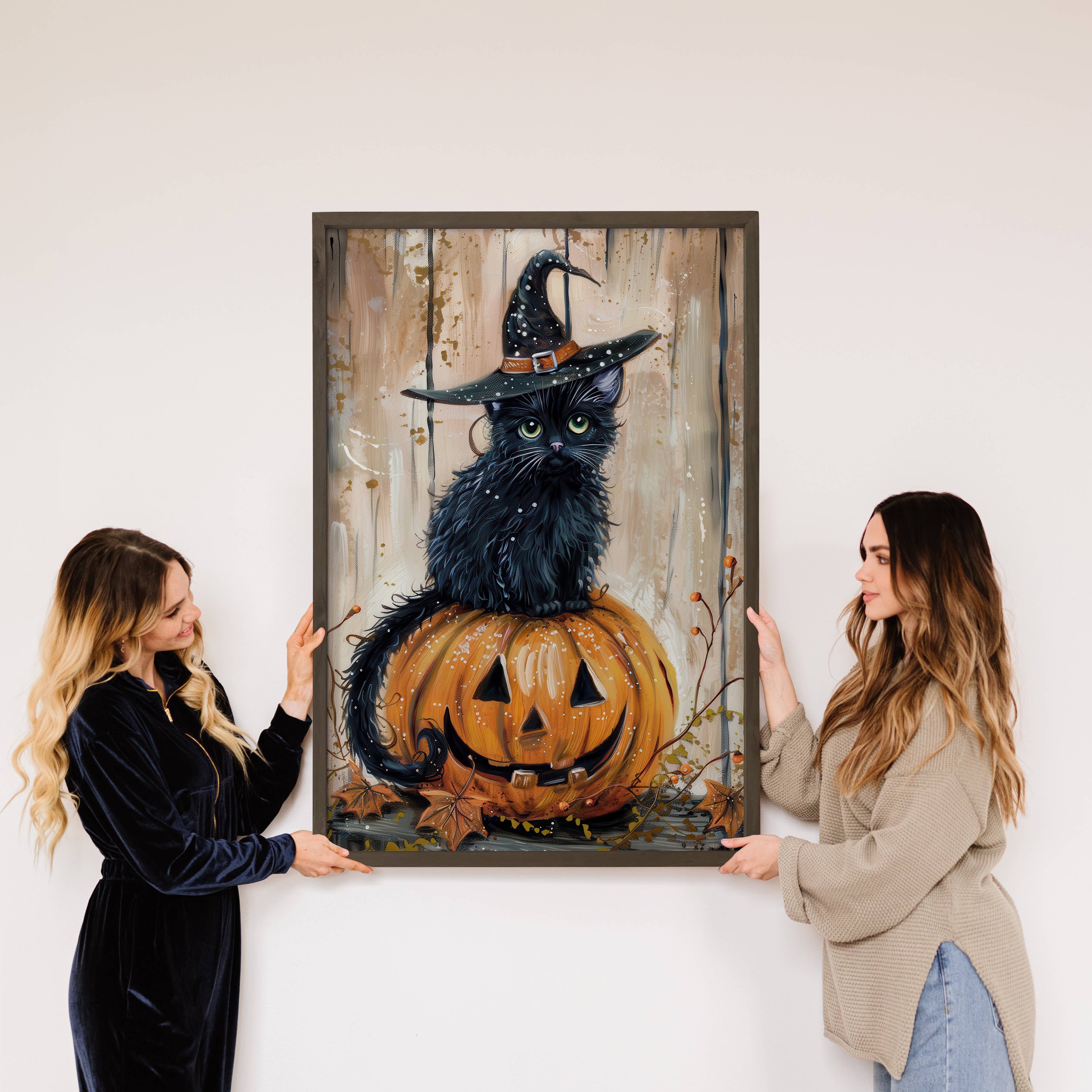 Black Cat Witch Hat Pumpkin - Halloween Canvas Art - Framed