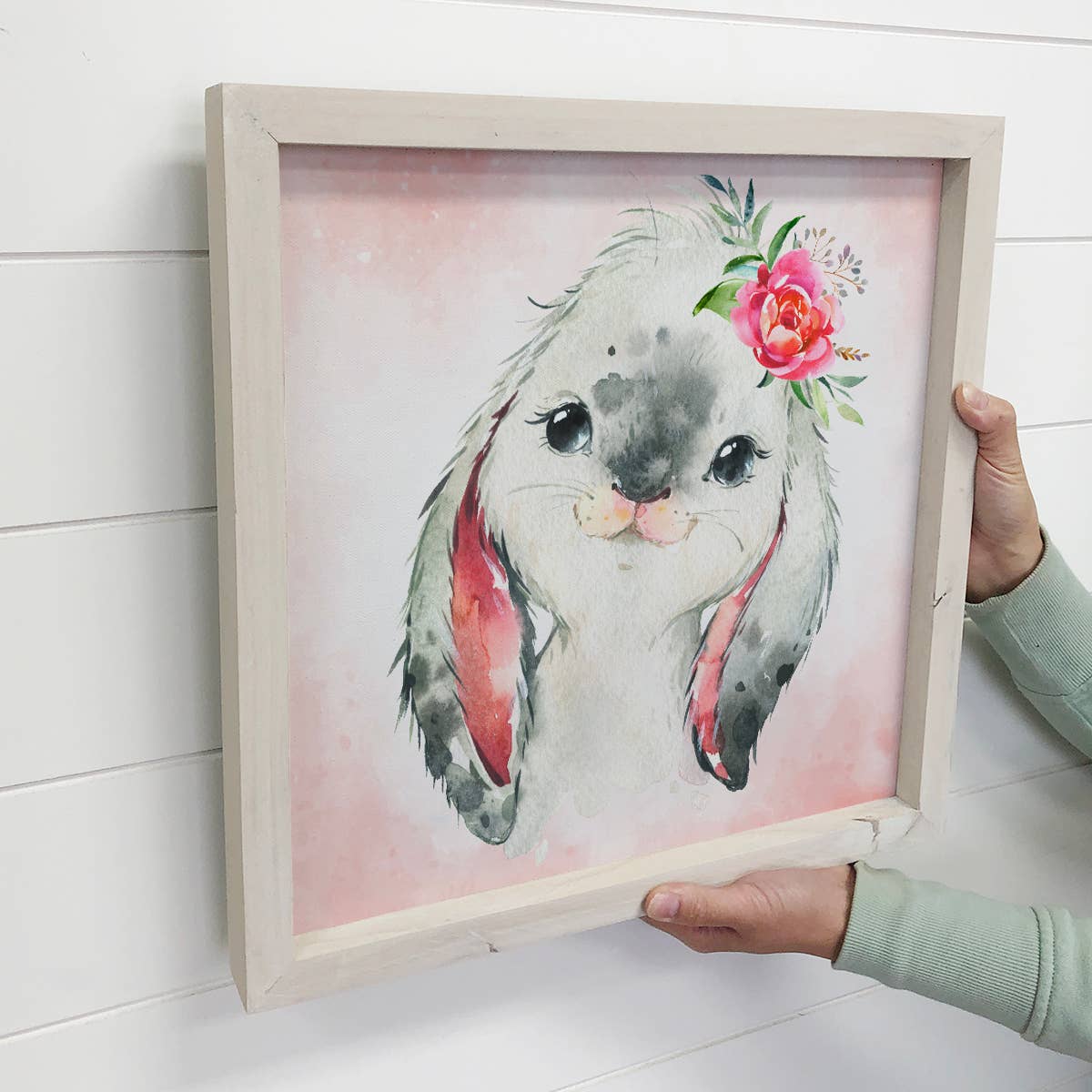 Little Girl Bunny Watercolor Small Whitewash Framed Decor