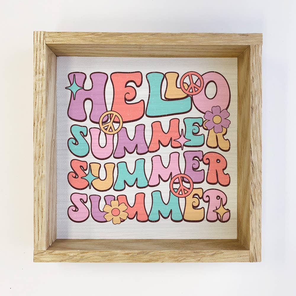 Retro Hello Summer - Summer Word Art - Wood Framed Wall Art