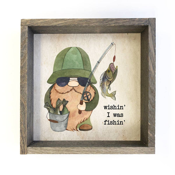 Fishing Gnome Small Canvas Sign Greywash Frame Husband Gift