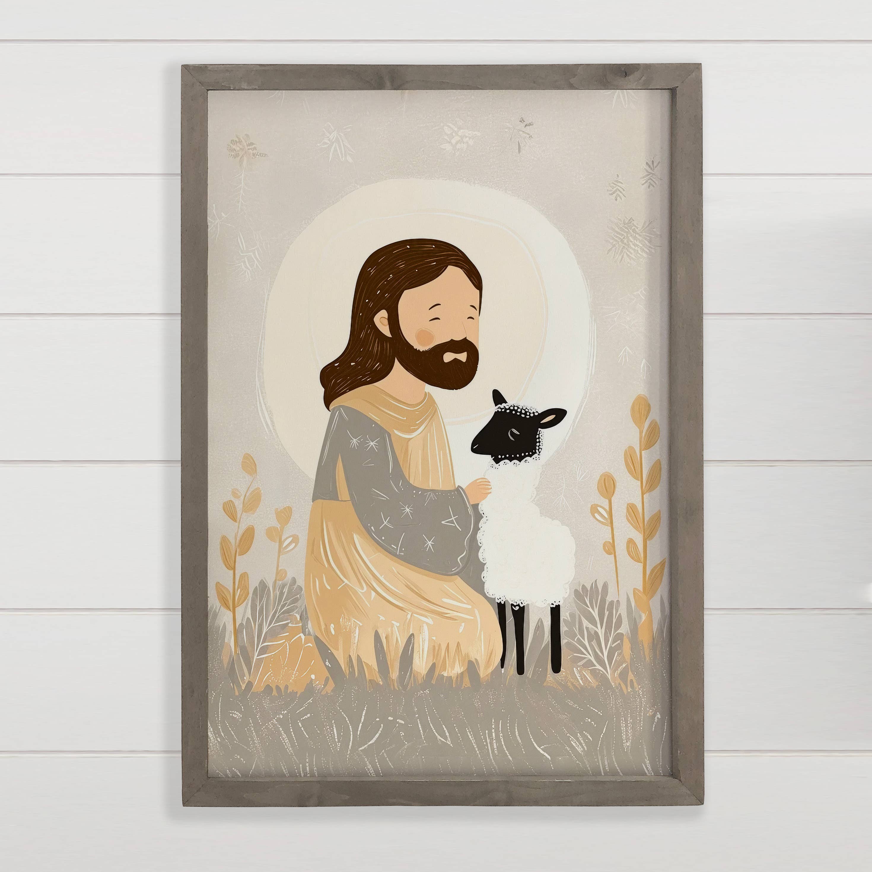 Cute Jesus Kneeling with Stray Lamb - Jesus Canvas Art