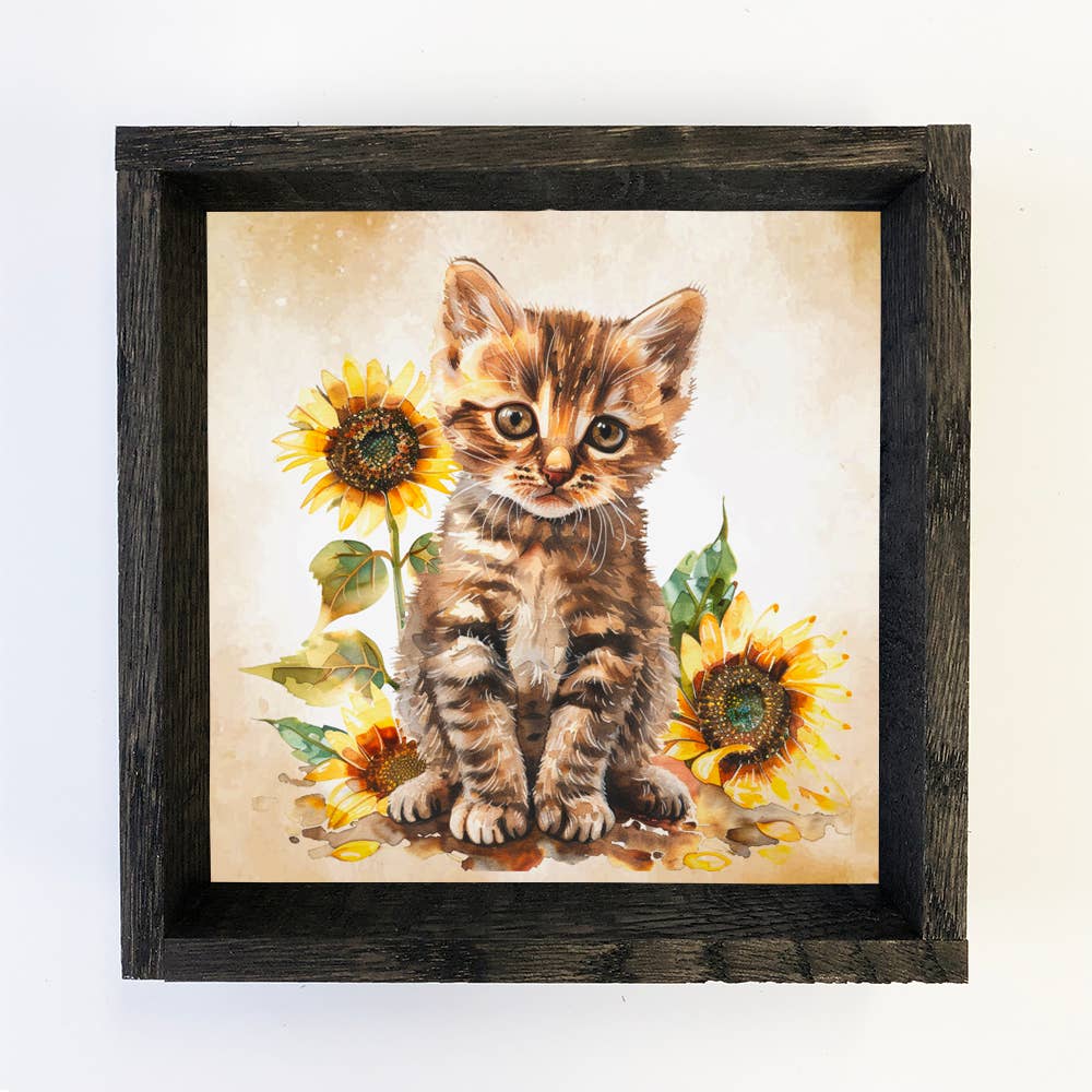 Striped Kitten With Sunflowers - Kitten Canvas Art - Framed