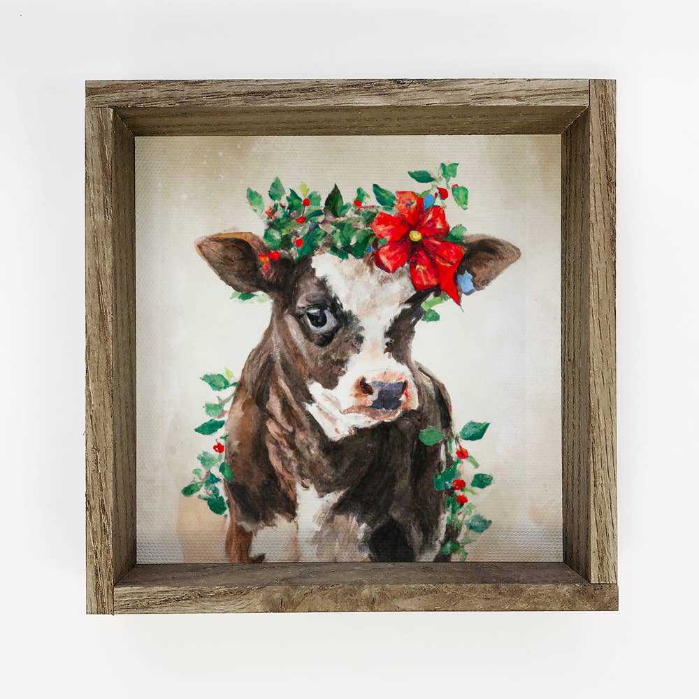 Baby Cow Wreath Floral Farmhouse Sign Black and White Cow