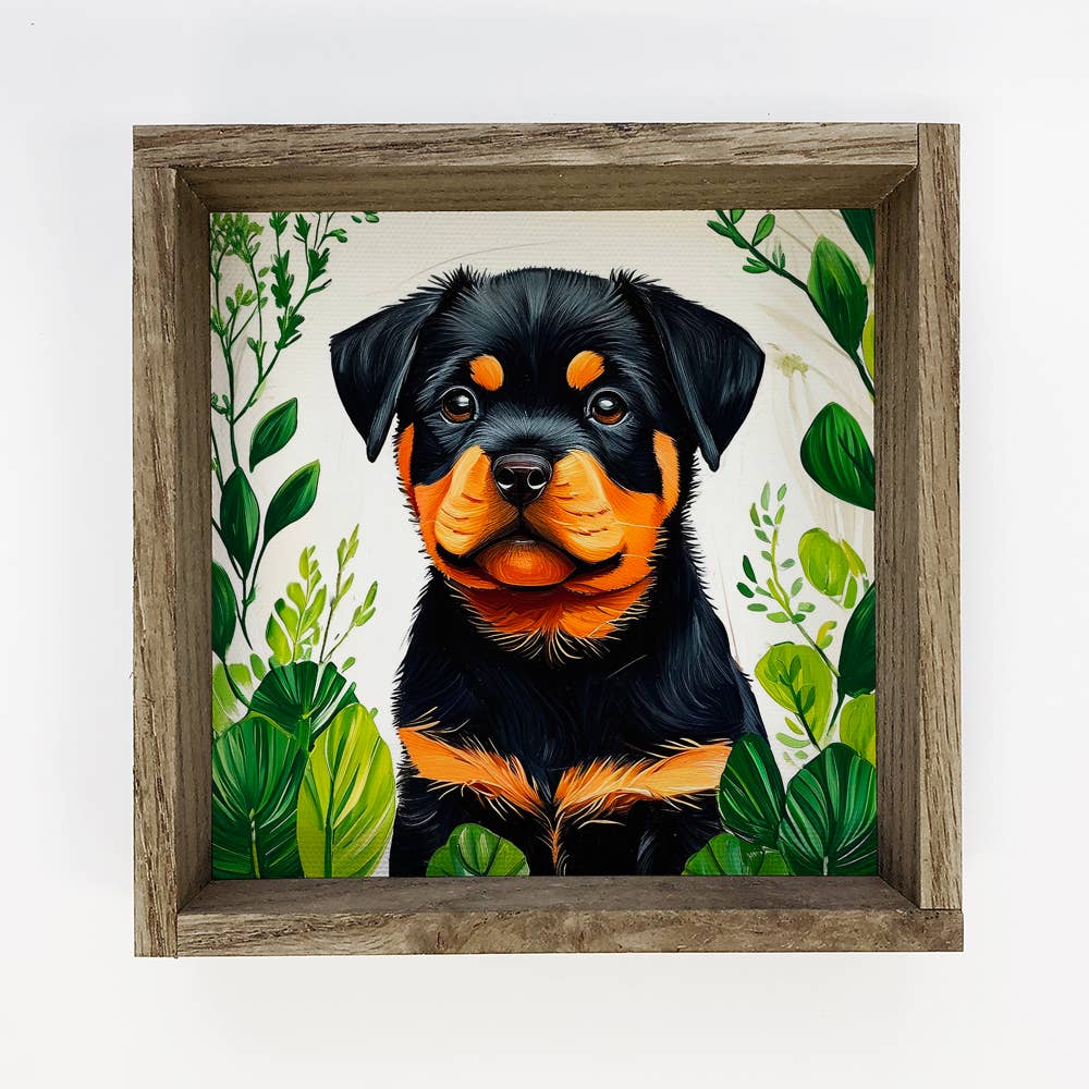 Rottweiler Pup and Leaves - Dog and Plants Canvas Art