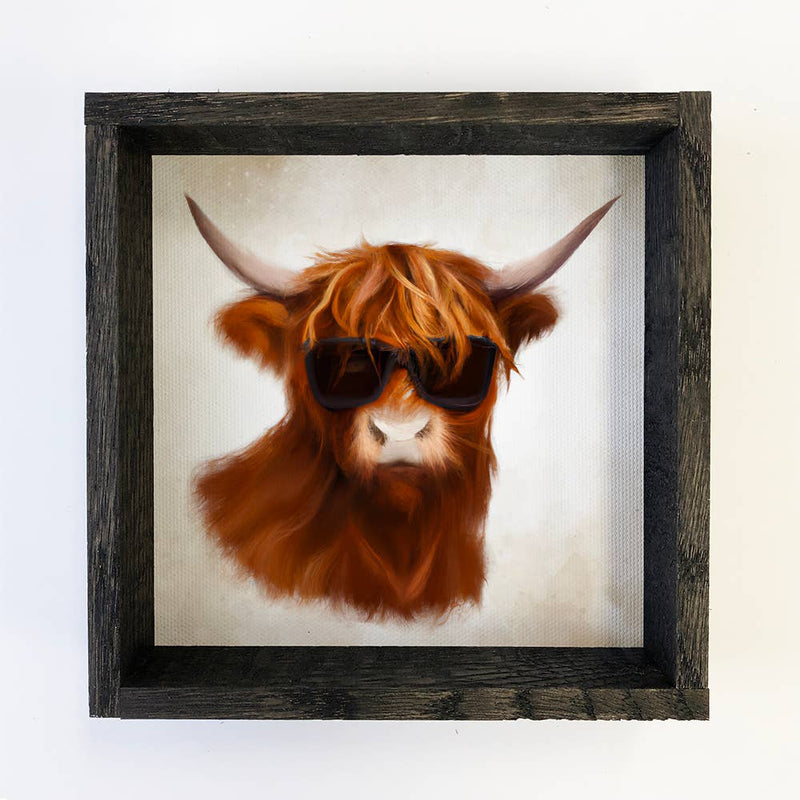 Framed Cow Painting with Sunglasses - Scottish Highland Cow