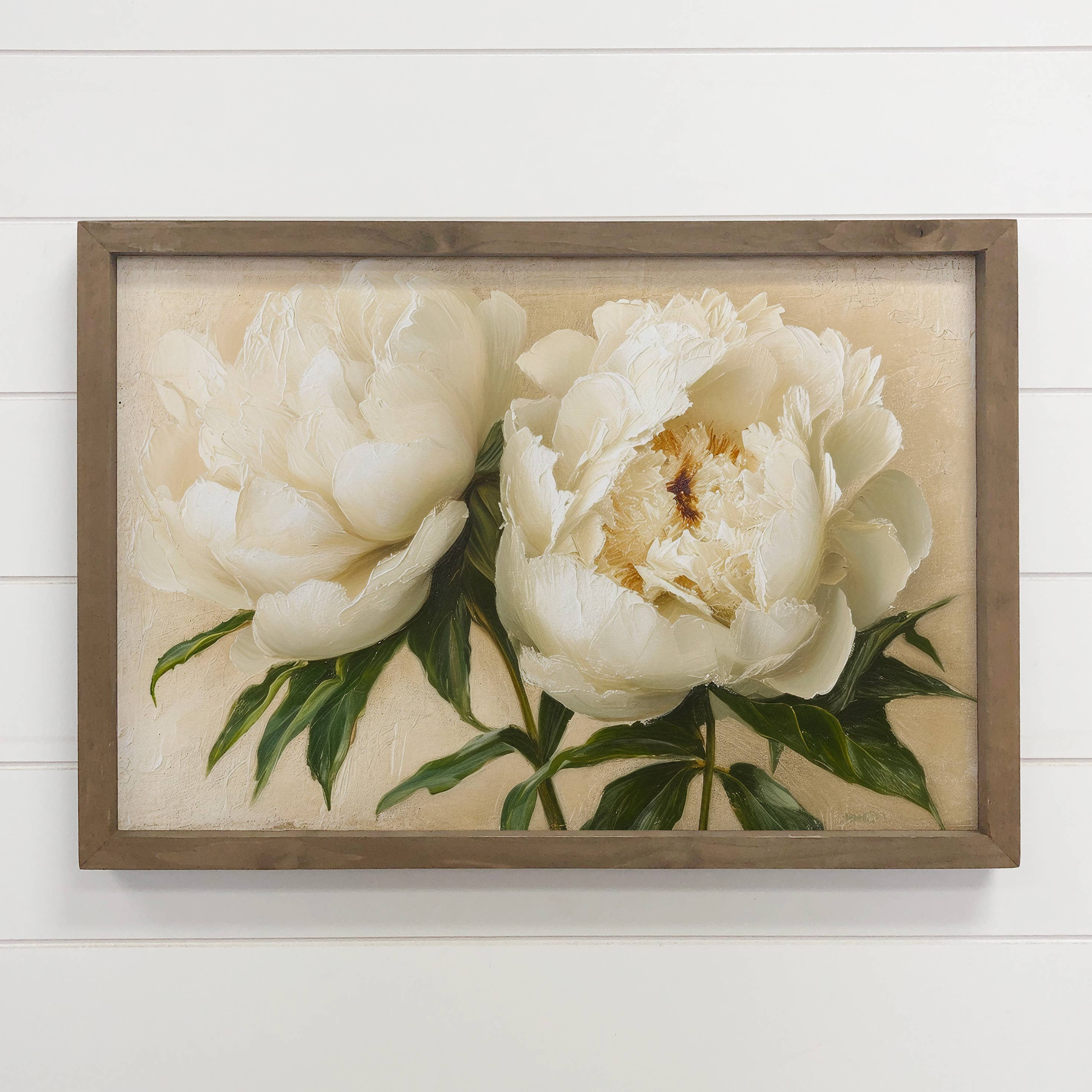 White Cream Peonies Wall Art Print with Wood Frame