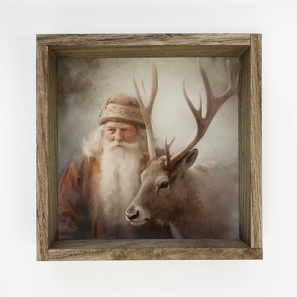 Vintage St. Nick & Reindeer - Rustic Holiday Canvas Wall Art