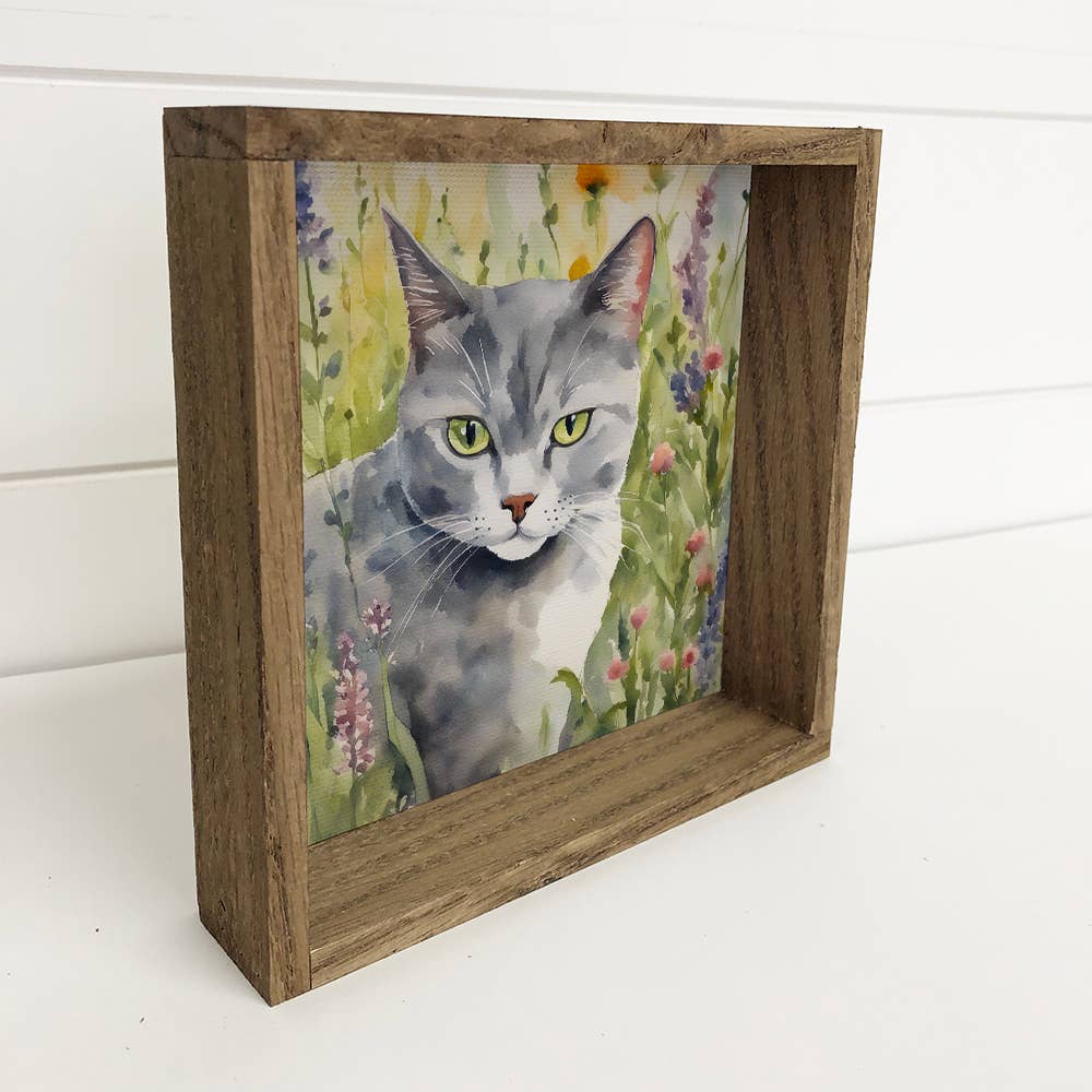 Wildflower Gray Cat - Springtime Cat Canvas Art - Wood Frame