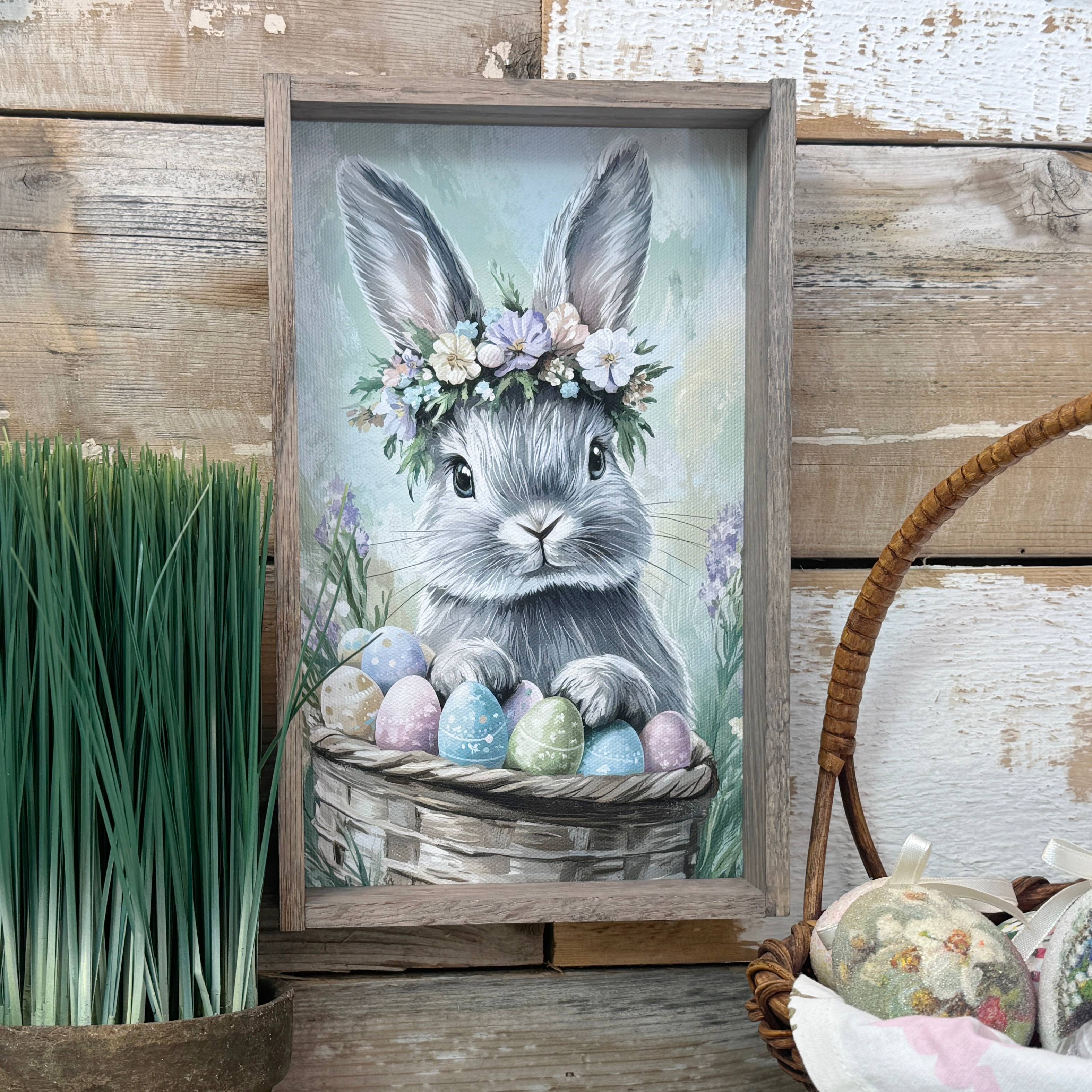 Gray Bunny Easter Eggs - Sweet Bunny Canvas Art - Framed Art