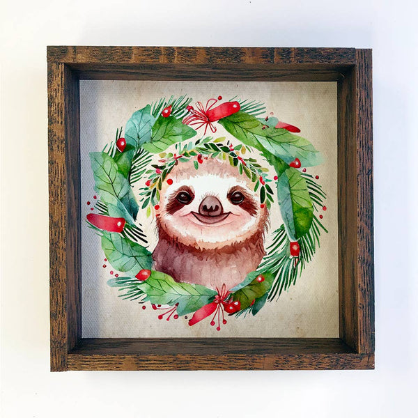 Christmas Wreath Sloth - Cute Holiday Animal - Framed Decor