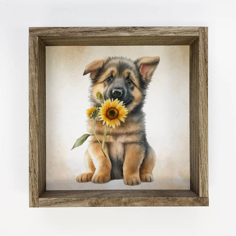 Sunflower German Shepard - Cute Puppy and Flowers - Fall Art