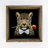 Valentines Sign - Leopard with Rose - Black Canvas and Wood
