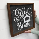 Christ is Born Nativity Small Canvas Sign with Walnut Frame