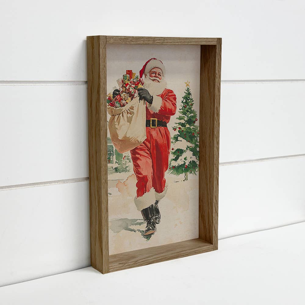 Vintage Santa Toy Bag - Christmas Canvas Art - Wood Framed