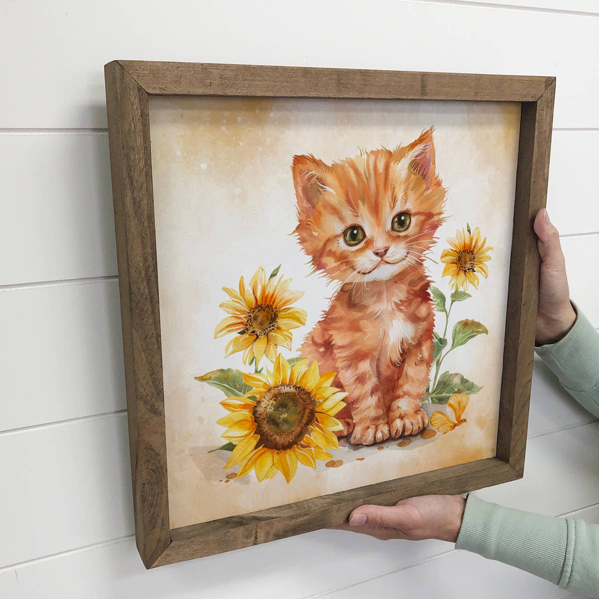 Smiling Cat with Sunflowers - Cat Canvas Art - Wood Framed