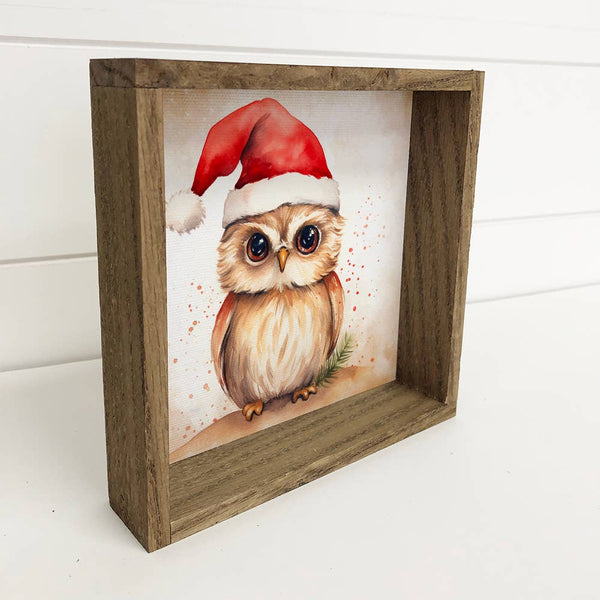 Owl Santa Hat - Cute Holiday Animal Canvas Art - Wood Framed