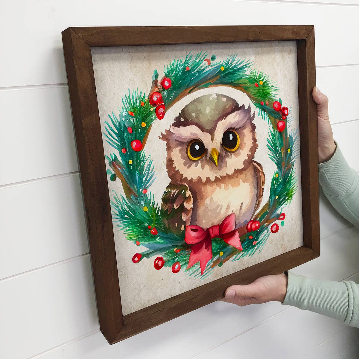 Christmas Wreath Owl - Cute Holiday Animal - Framed Wall Art