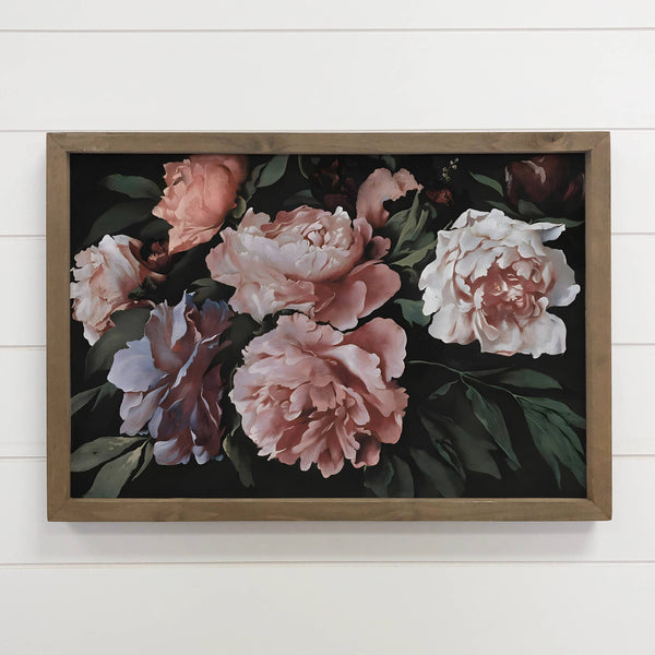 Peonies Dark Still Painting - Framed Canvas Wall Art Print