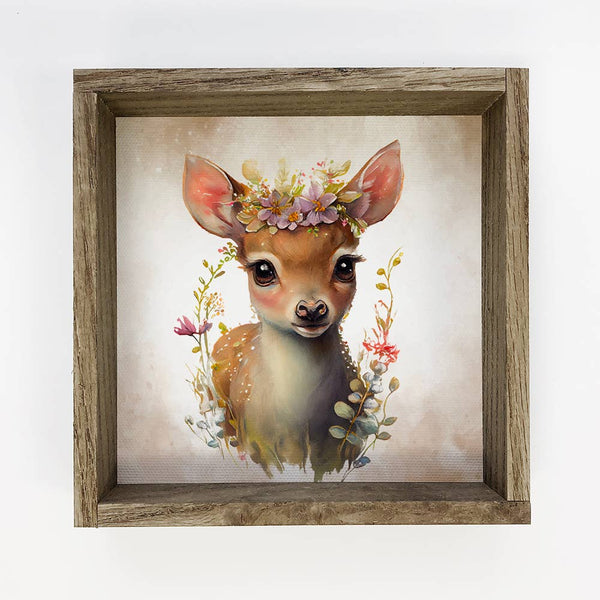 Cute Flower Deer - Nursery Art With Rustic Wood Frame
