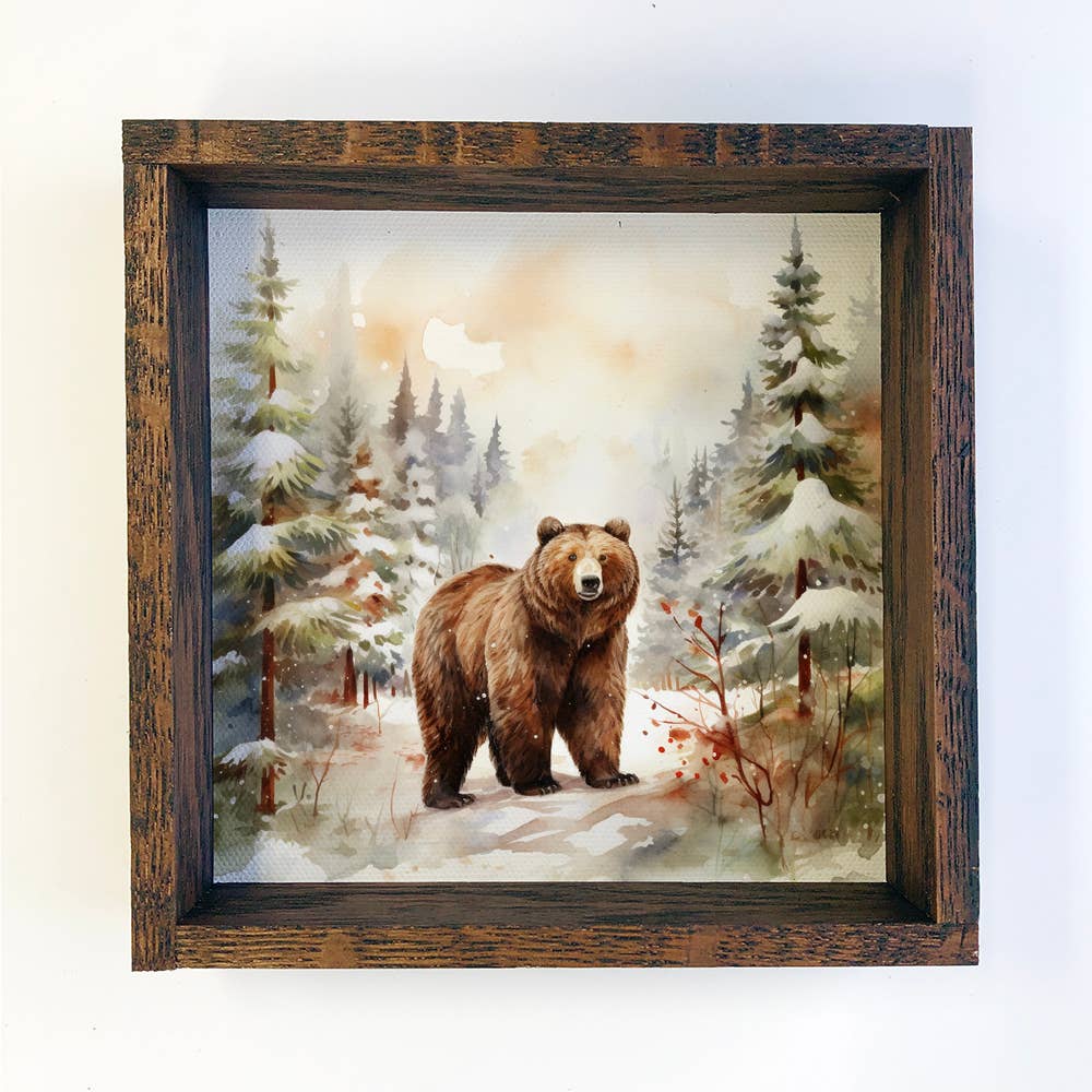 Winter Watercolor Bear in Pines - Bear Canvas Art - Framed